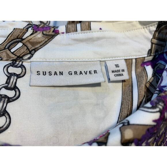 NWOT Susan Graver White Button Down Shirt with Beach & Nautical Print Size 16 - Picture 5 of 6